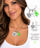 Lime Green Awareness Ribbon Necklace – “I Will Hold You Up When Your Strength Fails” with Silver Cross