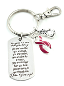 Burgundy Ribbon Awareness Keychain – Encouragement Gift for Cancer Warrior, Survivor & Caregiver – Inspirational Engraved Charm, 'You Are Stronger Than You Think' – Get Well Gift
