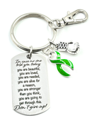 Green Ribbon Awareness Keychain – Encouragement Gift for Her, "You Are Beautiful, You Are Loved" Inspirational Charm, Mental Health Awareness Gift, Cause Ribbon Sterling Silver Plated Accessory
