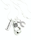 Gray ribbon necklace with boxing glove and warrior charms from Rock Your Cause Jewelry, showcasing detailed metal pendant design.