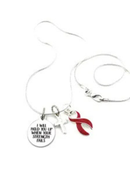 Multiple Myeloma Awareness Necklace – “I Will Hold You Up When Your Strength Fails” Burgundy Ribbon & Silver Cross