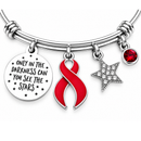 Red Ribbon Awareness Bracelet, Heart Disease, Stroke, HIV AIDS Support Gift, Inspirational Survivor Jewelry, Adjustable Charm Bangle