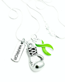 Lime green ribbon boxing glove necklace by Rock Your Cause Jewelry, featuring a detailed boxing glove pendant.