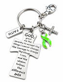 Lime Green Awareness Ribbon Faith Keychain – Lyme Disease Awareness Gift, Serenity Prayer Cross, Inspirational Christian Keychain
