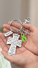 Lime Green Awareness Ribbon Faith Keychain – Lyme Disease Awareness Gift, Serenity Prayer Cross, Inspirational Christian Keychain
