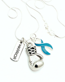 Teal ribbon boxing glove awareness necklace by Rock Your Cause Jewelry, ovarian cancer fighter jewelry, survivor strength gift