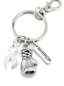 White Awareness Ribbon Boxing Glove Keychain, Warrior Keychain, Lung Cancer Gift, Bone Cancer Survivor Gift, Osteoporosis Support