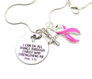 Philippians 4:13 Pink Ribbon Necklace, I Can Do All Things Through Christ, Crystal Cross, Breast Cancer Awareness Gift