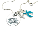 Philippians 4:13 Teal Ribbon Necklace, I Can Do All Things Through Christ, Crystal Cross, Ovarian Cancer Awareness Gift
