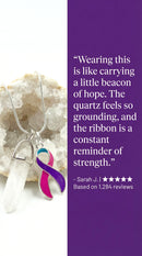 Colorful ribbon necklace with a clear crystal quartz pendant, handcrafted by RockYourCauseJewelry for healing and spiritual wellness.