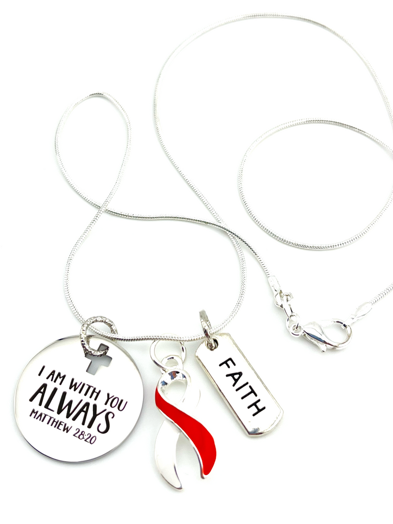 Red and White Ribbon Necklace - I Am With You Always - Matthew 28:20