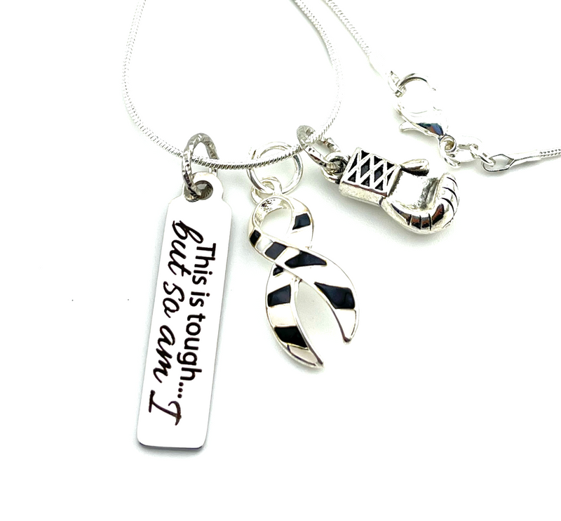 Zebra Ribbon Necklace - This is Tough, But So Am I / Boxing Glove Charm