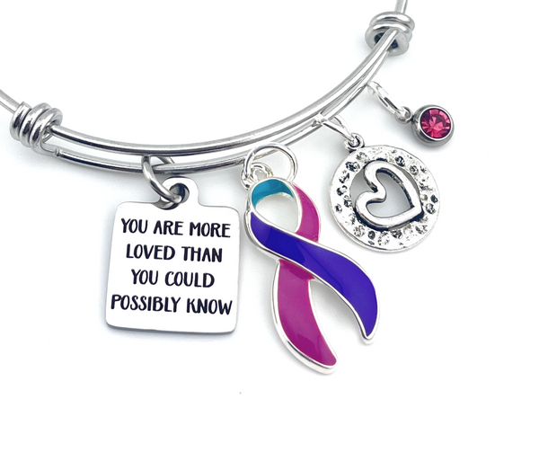 Pink Purple Teal (Thyroid) Ribbon Bracelet - You are More Loved Than You Could Possibly Know Charm Bracelet