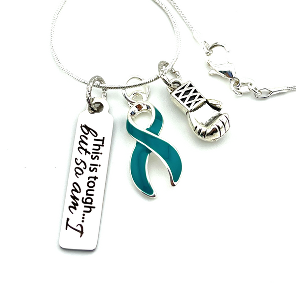 Teal Ribbon Necklace - This is Tough, But So Am I / Boxing Glove Charm