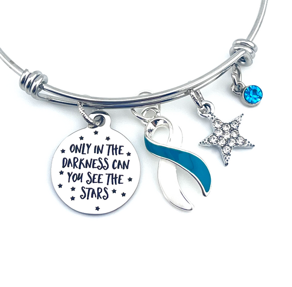 Teal & White Ribbon Charm Bracelet - Only in Darkness Can You See the Stars