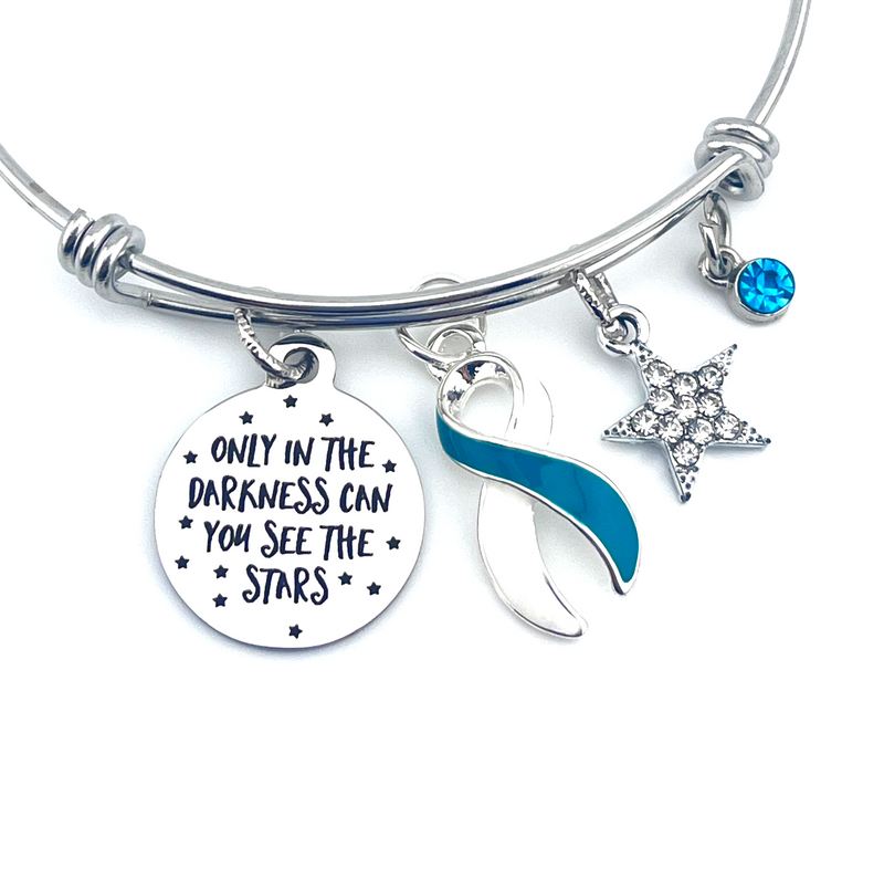 Teal & White Ribbon Charm Bracelet - Only in Darkness Can You See the Stars