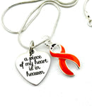 Orange Ribbon Memorial, Sympathy Necklace - A Piece of my Heart is in Heaven - Rock Your Cause Jewelry