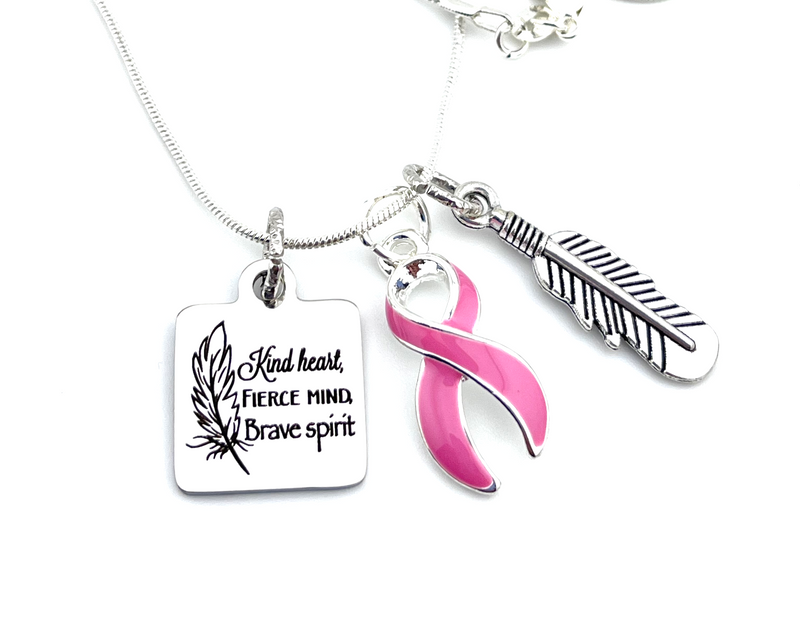 Pink Ribbon Necklace  - Kind Heart, Fierce Mind, Brave Spirit