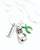 Green Ribbon Boxing Glove Necklace by Rock Your Cause Jewelry, featuring a detailed boxing glove pendant with a green ribbon accent.