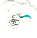 Teal & White Ribbon Necklace - A Piece of My Heart is In Heaven / Memorial, Sympathy Gift - Rock Your Cause Jewelry