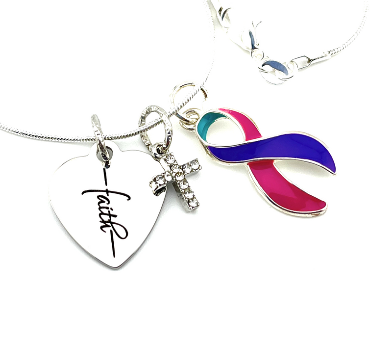 Pink Purple Teal (Thyroid) Ribbon Necklace - Faith