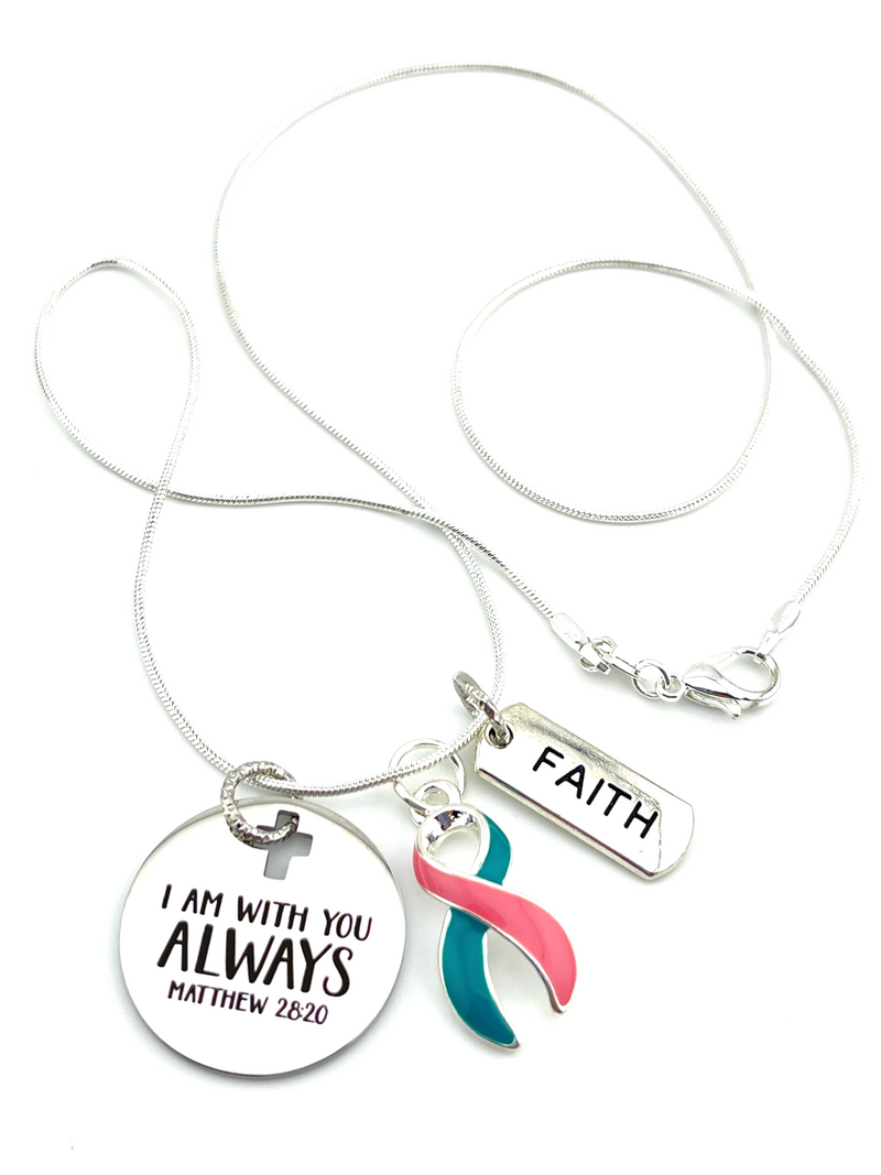 Pink & Teal (Previvor) Ribbon Necklace - I Am With You Always - Matthew 28:20