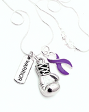 Violet purple ribbon necklace with boxing glove charm, symbolizing lymphoma survivor support, by Rock Your Cause Jewelry