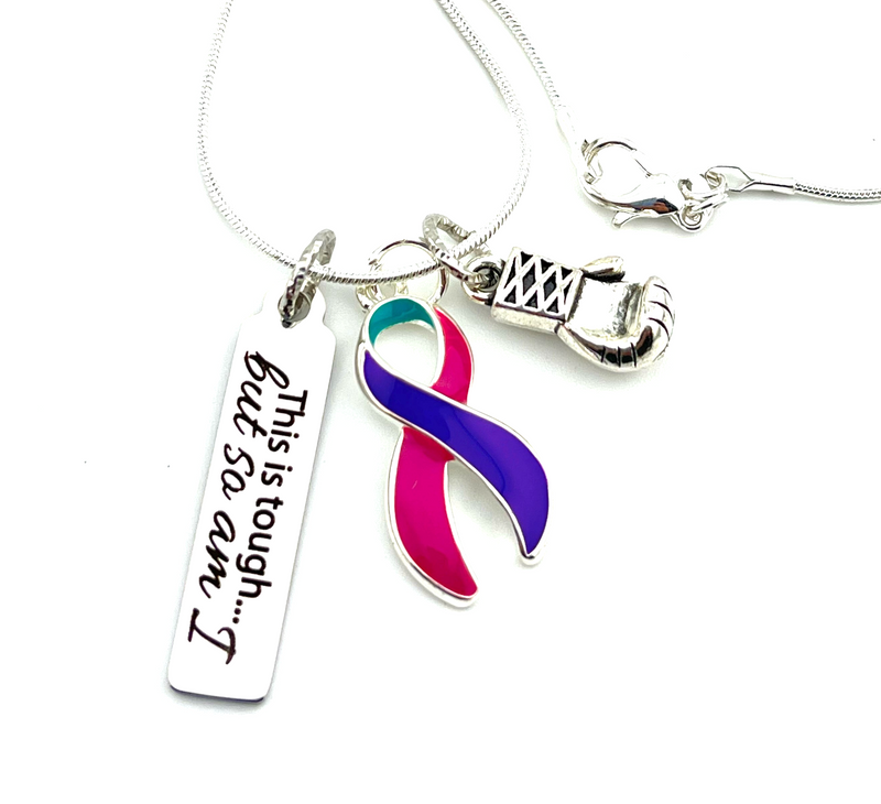 Pink Purple Teal (Thyroid) Cancer Ribbon Necklace - This is Tough, But So Am I