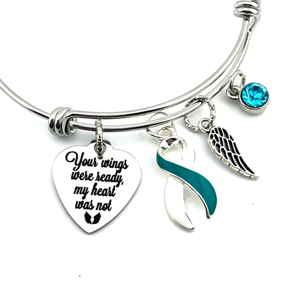 Teal and White Ribbon Sympathy / Memorial Charm Bracelet - Your Wings Were Ready, My Heart Was Not