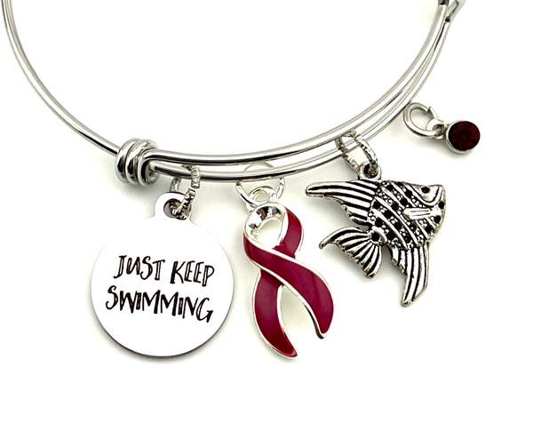 Burgundy Ribbon Charm Bracelet - Just Keep Swimming