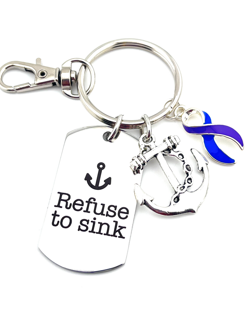 Blue & Purple Ribbon - Refuse to Sink / Encouragement Keychain