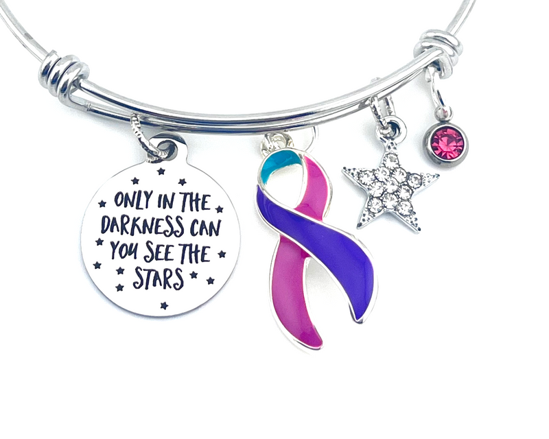 Pink Purple Teal (Thyroid Cancer) Ribbon Bracelet - Only in Darkness Can You See The Stars