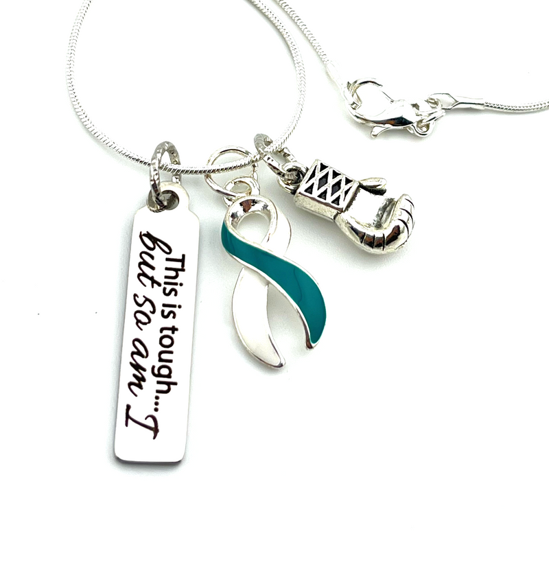 Teal & White Ribbon Necklace - This Is Tough, But So Am I