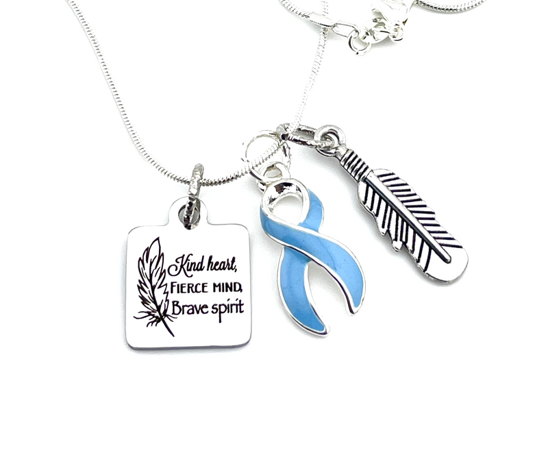 Light Blue Ribbon Necklace - Kind Heart, Fierce Mind, Brave Spirit / Feather Necklace