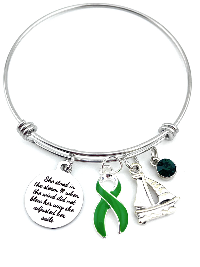 Green Ribbon Charm Bracelet - She Stood in The Storm / Adjusted her Sails