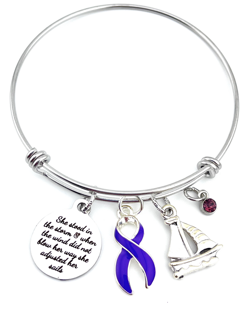 Purple Ribbon Charm Bracelet - She Stood in the Storm / She Adjusted Her Sails