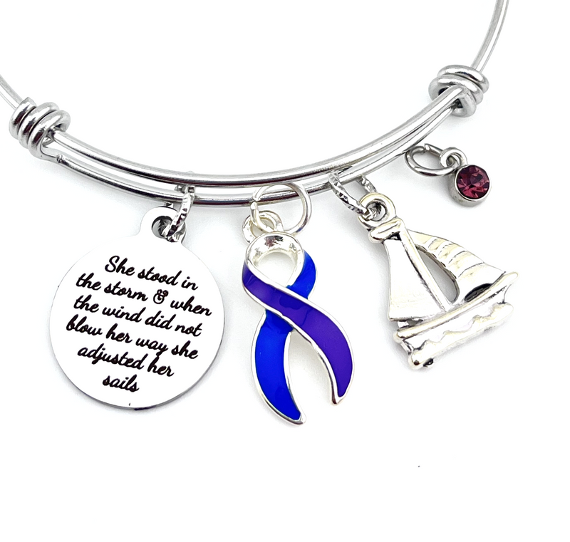 Blue & Purple Ribbon Charm Bracelet - She Stood In The Storm / Adjusted Her Sails