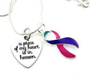 A Piece of My Heart Is in Heaven Memorial Necklace – Purple, Teal & Pink Thyroid Cancer Awareness Ribbon Jewelry, Sympathy & Remembrance Gift