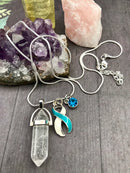 Teal & White Awareness Ribbon Clear Quartz Crystal Necklace – Cervical Cancer Survivor Gift, Healing Crystal Jewelry