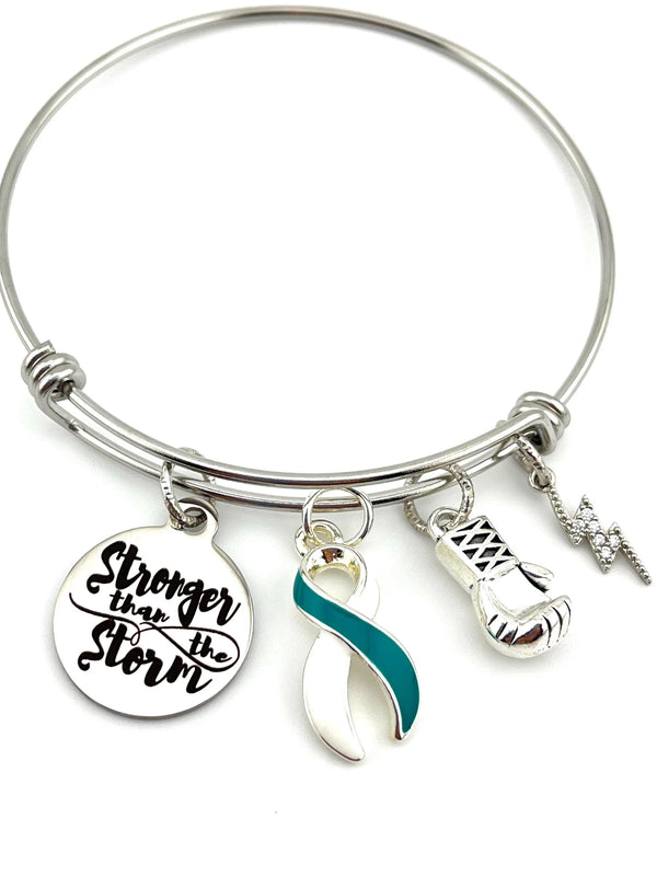 Teal & White Ribbon Charm Bracelet - Stronger Than The Storm