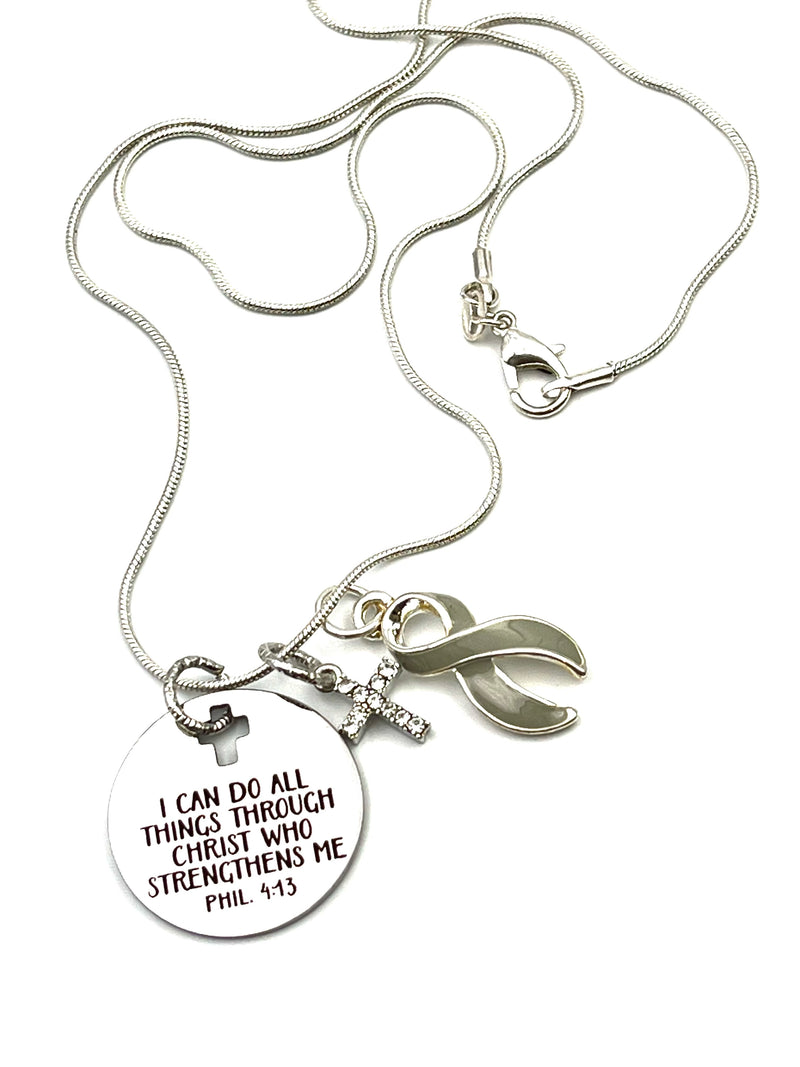 Gray (Grey) Ribbon Necklace - I Can Do All Things Through Christ Who Strengthens Me