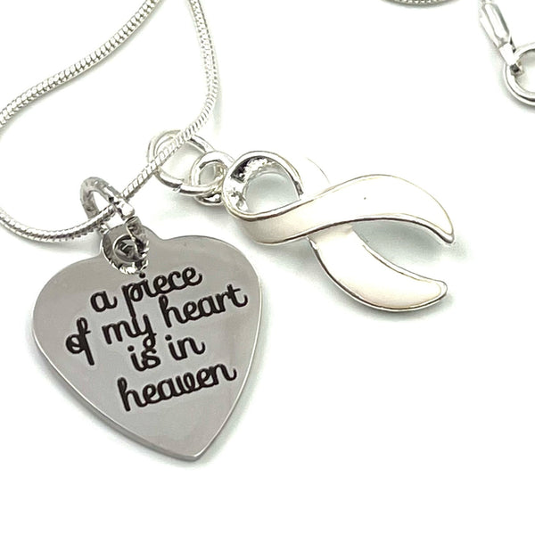 White Ribbon Sympathy Necklace - A Piece of my Heart is in Heaven