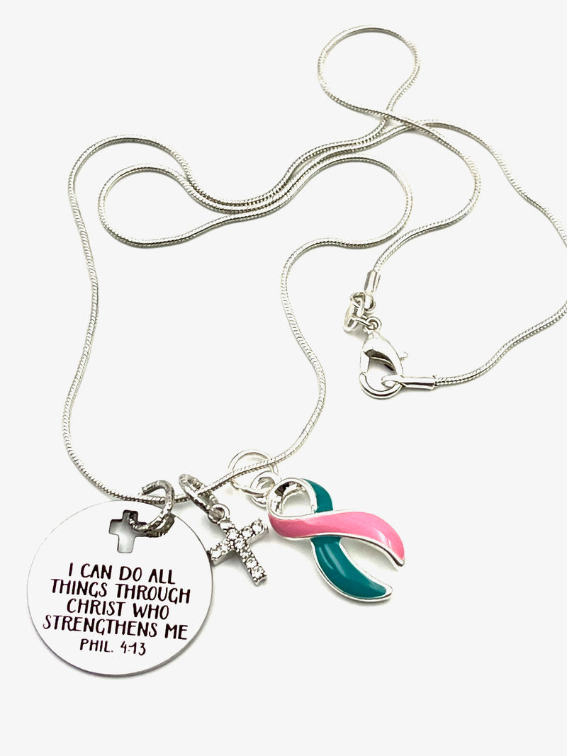 Pink & Teal (Previvor) Ribbon Necklace - I Can Do Anything through Him Through Christ
