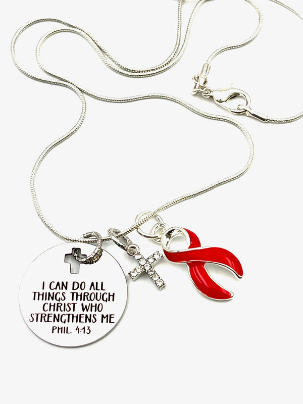 Red Ribbon Necklace - I Can Do All Things Through Christ Who Strengthens Me