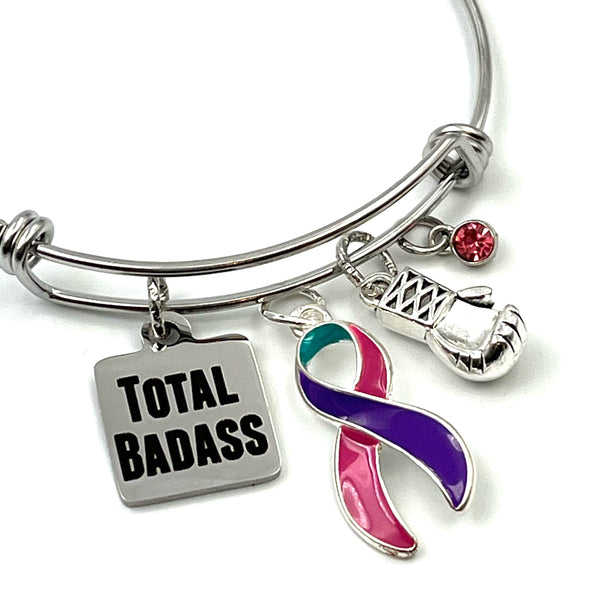 Pink Purple Teal (Thyroid Cancer) Ribbon - Total Badass - Boxing Glove Charm Bracelet