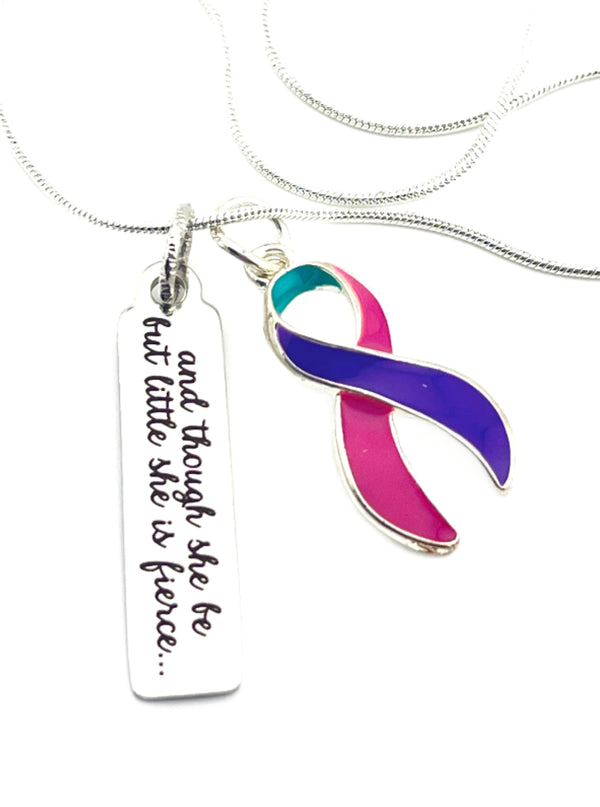 Pink Purple Teal (Thyroid Cancer) Ribbon - And Though She be but Little, She is Fierce Necklace