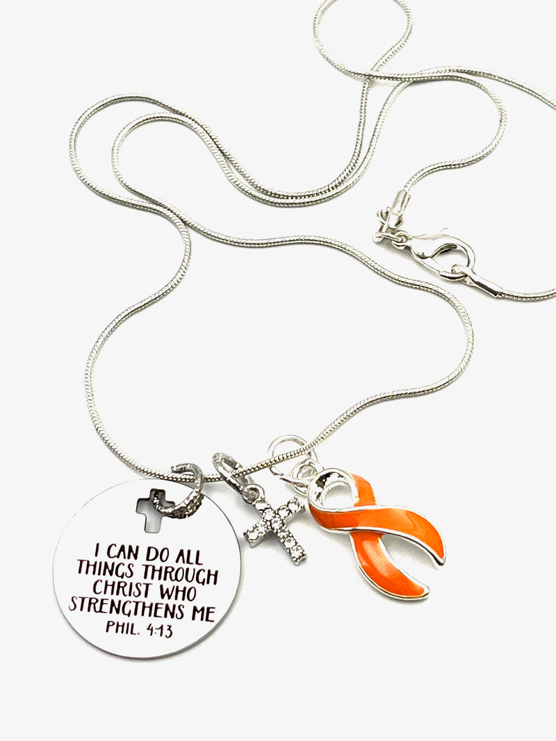 Orange Ribbon Necklace - I Can Do All Through Christ Who Strengthens Me