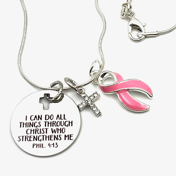 Pink Ribbon Necklace - I Can Do All Things through Christ Who Strengthens Me