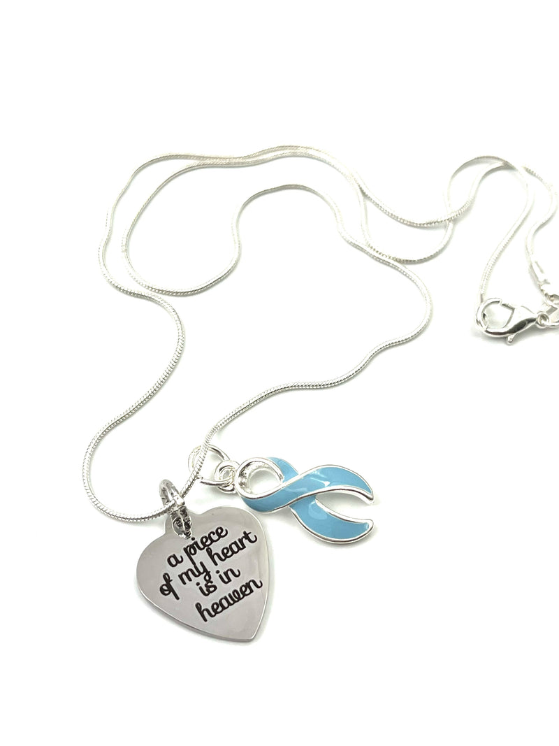 Light Blue Ribbon Sympathy Necklace - A Piece of my Heart Memorial