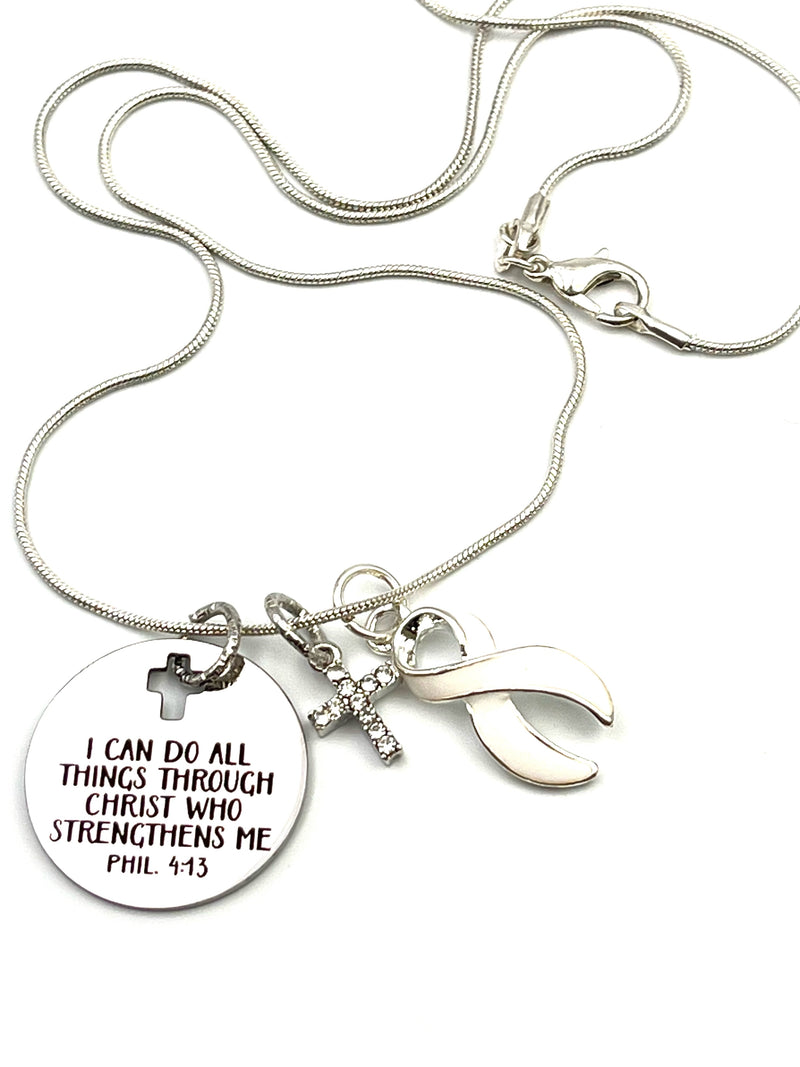 White Ribbon Charm Necklace - I Can Do All Things Through Christ